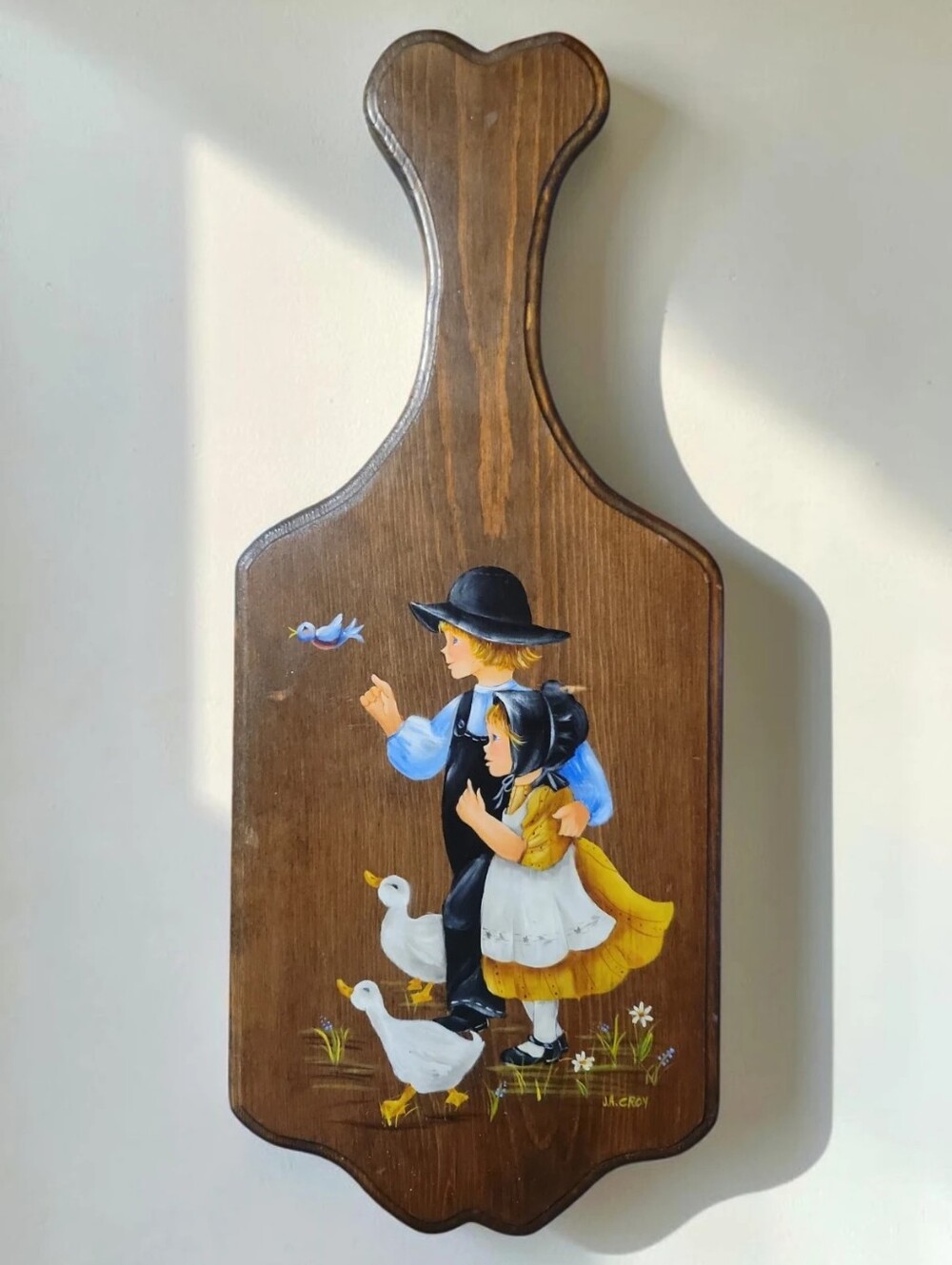 Vtg 70's Hand Painted Amish Folk Art Wood Cutting Board Plaque J.A Croy Signed